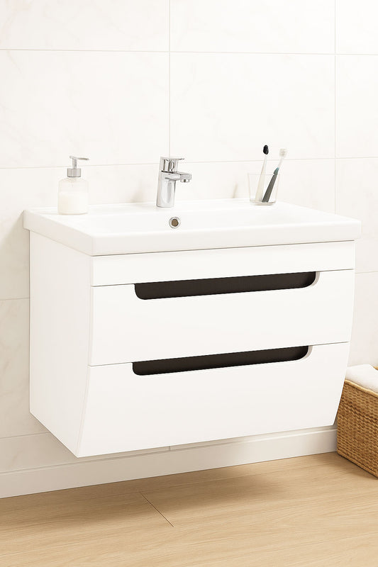 Mobilier Baie MDF și lavoar, Seria 730, Suspendat, Sertare, 80cm, Alb rustic
