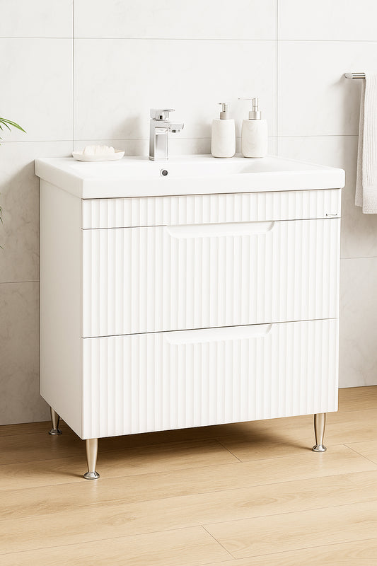 Mobilier Baie MDF și lavoar, Seria 733, Sertare, 80cm, Alb rustic