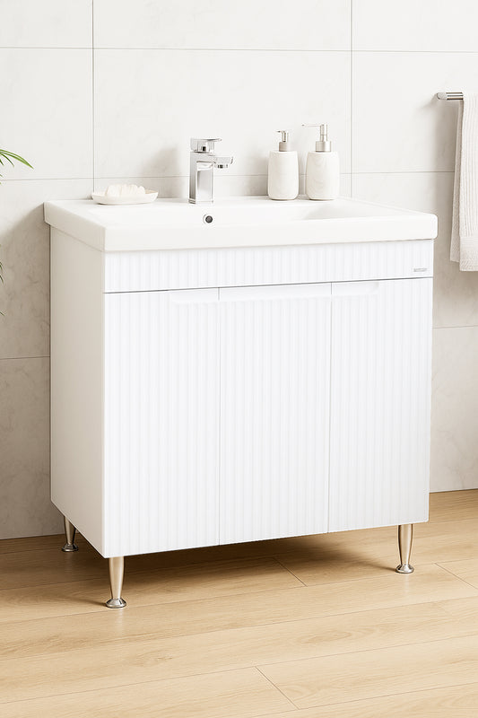 Mobilier Baie MDF și lavoar, Seria 733, 80cm, Alb rustic