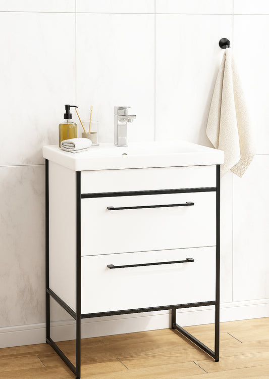 Mobilier Baie MDF și lavoar, Seria 740, Cadru metalic, 60cm, Alb