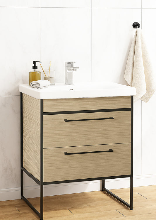 Mobilier Baie MDF și lavoar, Seria 740, Cadru metalic, 70cm, Fag