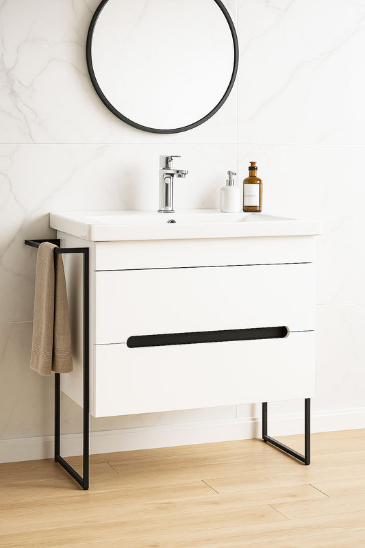 Mobilier Baie MDF și lavoar, Seria 750, Cadru metalic, 80cm, Alb