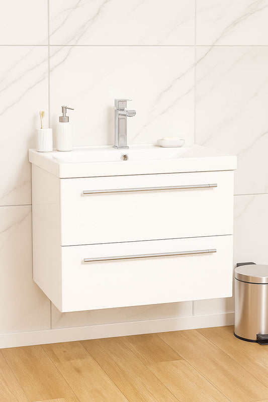 Mobilier Baie MDF și lavoar, Seria 754, Suspendat, Sertare, 60cm, Alb
