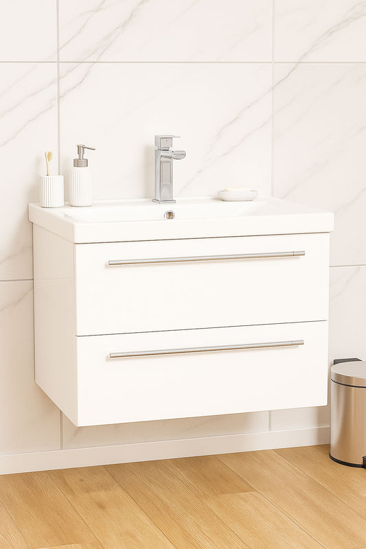 Mobilier Baie MDF și lavoar, Seria 754, Suspendat, Sertare, 70cm, Alb