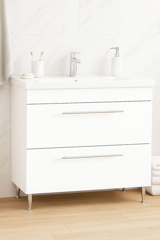Mobilier Baie MDF Kit și lavoar, Seria 754, Sertare, 80cm, Alb