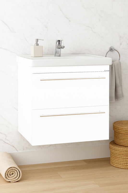 Mobilier Baie MDF Kit și lavoar, Seria 766, Suspendat, Sertare, 60cm, Alb