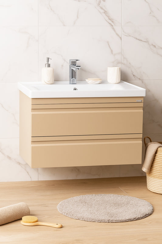 Mobilier Baie MDF și lavoar, Seria 786, Suspendat, Sertare, 80cm, Cappuccino