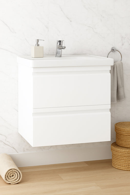 Mobilier Baie MDF și lavoar, Seria 786, Suspendat, Sertare, 60cm, Alb