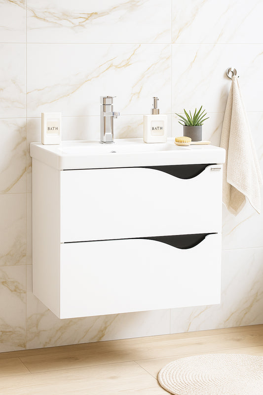 Mobilier Baie MDF și lavoar, Seria 797, Suspendat, Sertare, 60cm, Alb