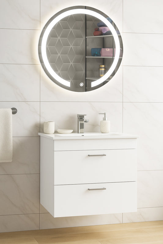 Set Mobilier Baie cu lavoar și Oglindă, Seria 067, Suspendat, Sertare, 60cm, Alb