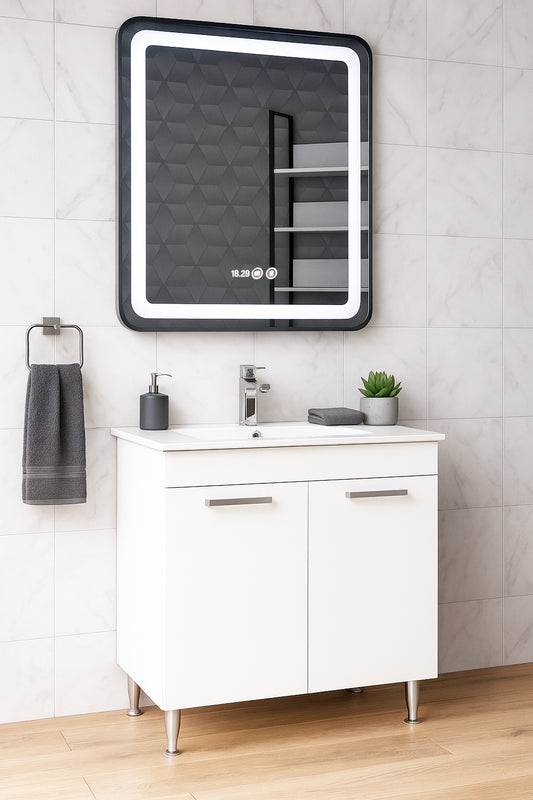 Set Mobilier Baie cu lavoar și Oglindă, Seria 067, Cu 2 Usi, 70cm, Alb